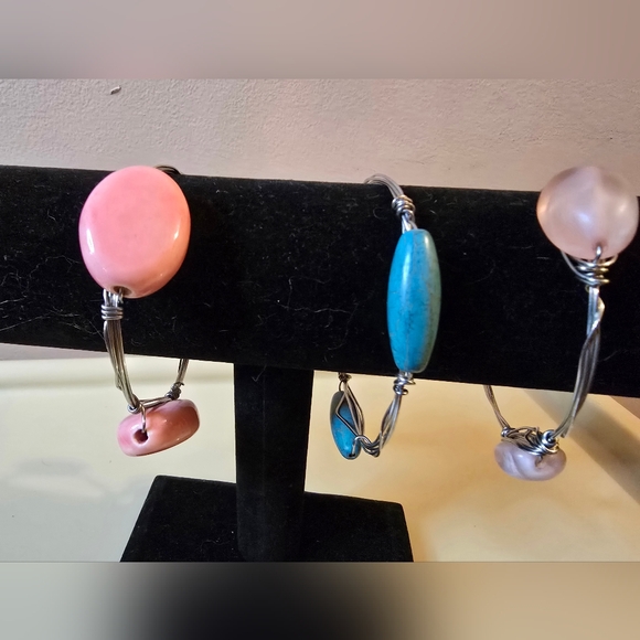 Pastel Stone Wire Wrap Bangle Bracelet Lot Boho Stackable - Picture 2 of 3